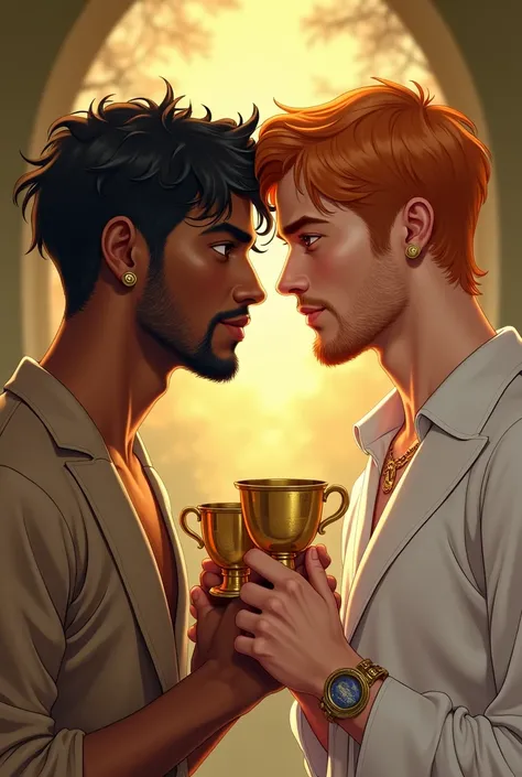 Deck two of glasses , represented by a young brown man without a beard ,  wavy black hair and holding a golden cup and another young white man without a beard with straight orange hair and holding a golden cup, both of them seeing each other face to face i...