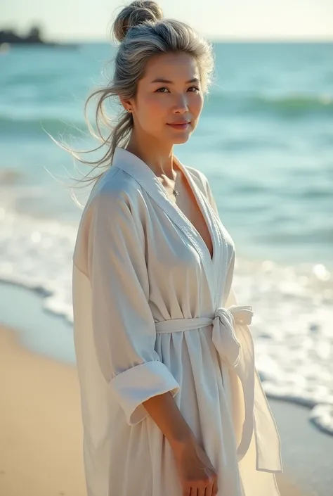 Hot sexy Asian 50 years old women who still is very young looking looks like a tennage girl with long gray hair in a big hair bun wearing a bathrobe she has gray hair and now  she is standing on the beach