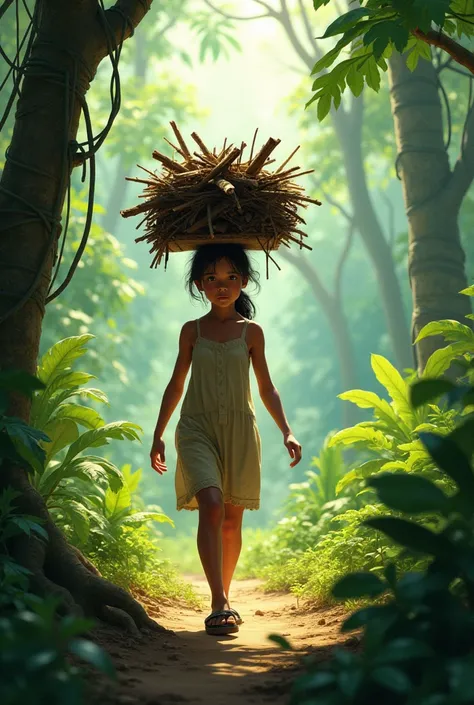 A village girl carrying a bundle of firewood on her head in the jungle 