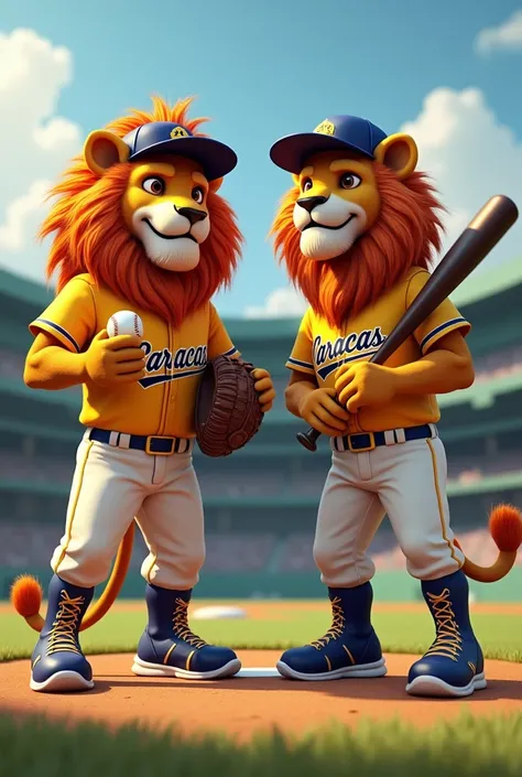 Imagine two regal lions ,  with their vibrant bristled manes and energetic ,  standing on their hind legs ,  wearing a full baseball uniform , with cap,  t-shirt and ankle boots adorned with the words “caracas” in bold .  The lions postures convey a sense ...