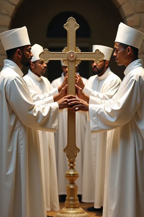 collection of Ethiopian priest who were white cloth and white hat handel holy cross 