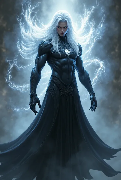 Zephyr, a demigod man with a black body and white details such as his hair, his main power is a dark magic that has white effects.