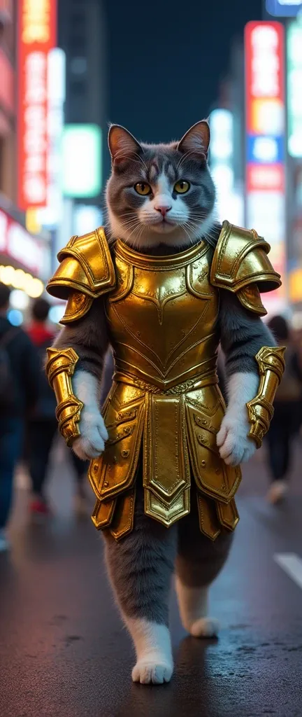 "A realistic gray and white bicolor cat with a distinctive Hachiwari pattern, standing upright on its hind legs while wearing golden armor inspired by Aquarius Camus from Saint Seiya. The armor is intricately detailed, with shiny metallic elements that ref...