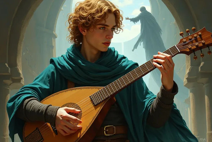  create the best image you can of Kvothe main character in the name of the wind make him handsome, He is playing the laud . It is supported by El Cthaeh