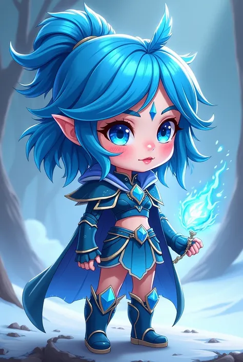  cartoon drawing of a girl with blue hair and a feathered head,  female lightning genazi , advanced digital chibi art, chibi, Ice Mage, ice sorceress,  Queen of Ice and Storm , Valkyrie character ,  inca harpy girl ,  wear thunder armor , chibi monster gir...