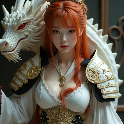 (nsfw) sexy erotica, (large cleavage,Big tits),(1 girl,korea face sexy 18 year old girl , pale skin, (body heigth:140cm), innocent look, Young face,red hair,Onna-bugeisha with bow and arrow on a white dragon,( She wields a massive demonic sword,, dripping ...