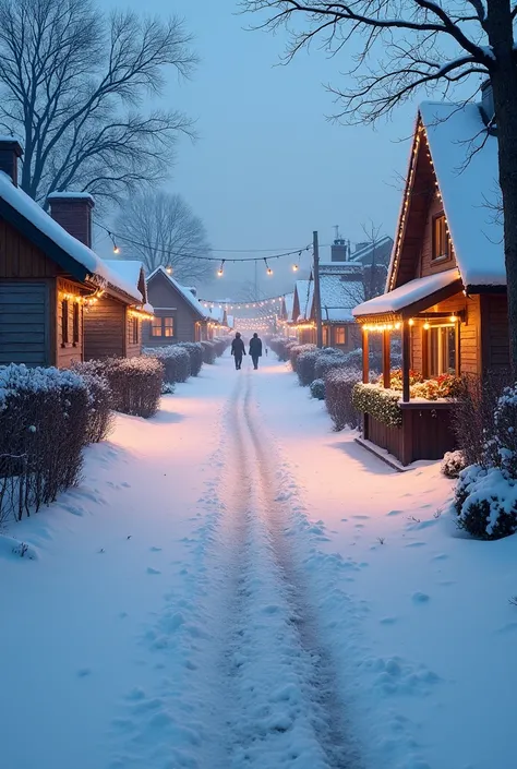 looking down a snow covered lane, towards a town in the distance with a Christmas market. wide angle