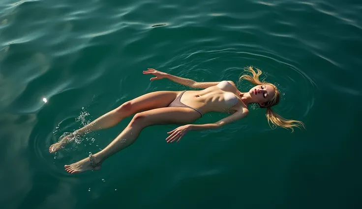 We see an ultra-realistic birds eye view, profile, from 10 meters. Just below the surface of the lake water, submerged,  floats the nude drowned, dead, slim-fit body of a busty fitness blonde faint , limp woman with Scandinavian features and two blonde pig...