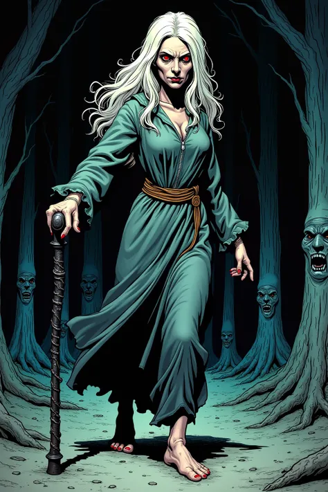 The ancient woman is no more than three feet tall.She has white hair, so long that it almost touches the ground. Her flesh is very pale, and she has red eyes. She walks with a gnarled black cane. In the background a dark forest. On some of threes faces hav...