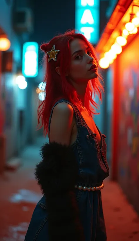   analog film photo, ( art品,  high resolution:1.3),
(模拟照片Particles:1.3),  
 haute couture portrait , A girl poses in a dirty environment,  Neon Illuminated City Alley .  Red Dark Red Half Hair ,  Girls Wear Trendy Streetwear ,  Jeans Denim Dress , Fur boot...