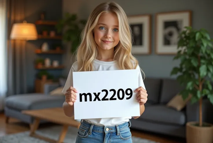 beautiful European girl with  blue eyes s and blonde hair,  is in the living room ,  is wearing a T-shirt and JJeans  ,  look at the camera,   carries a large sign with the text: "mx2209 " in den Händen ultra  high resolution, (photorealistic: 1.4),  high ...