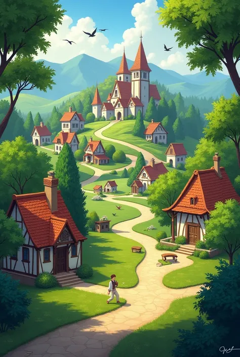 A peaceful, serene small village surrounded by lush, verdant trees and vibrant greenery. The village is quiet and picturesque, with charming cottages scattered along winding dirt paths. Among the villagers is a wealthy landowner, known for his grand estate...