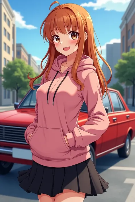 Anime Style, Art Nouveau, Grin,  fröhlich, Trans woman , woman, 18 years old,  long hair,  Bangs, Orange Brown hair , dark brown eyes,  Pink hoodie ,  black pleated skirt , I am standing in front of the red Lada 1200 car in the background in the city in th...