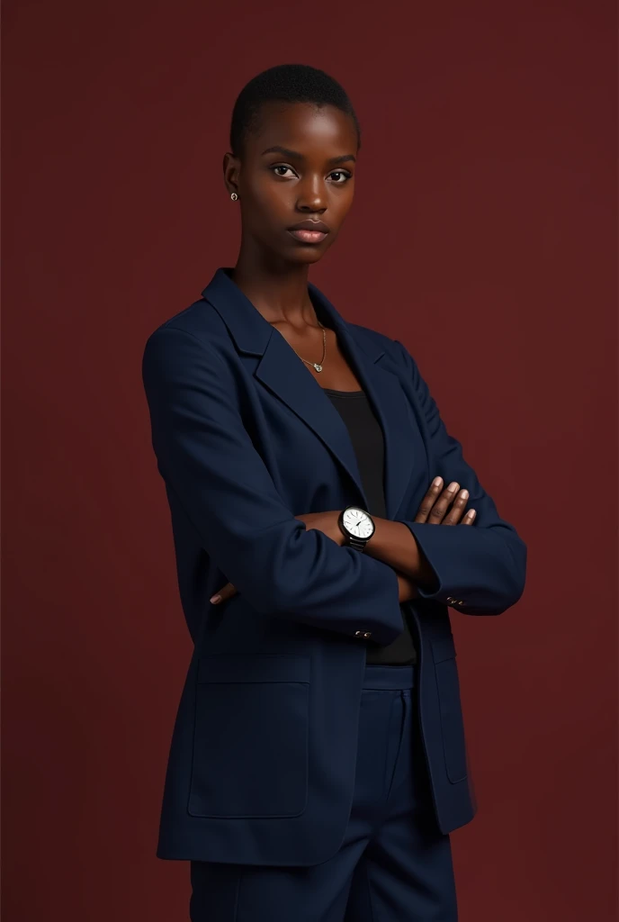 I need an image of African girl with low catting hair. Wearing dark Blue clothes and maroon background. Wearing watch  wearing boy clothes. She has to be in brown skin and tall. Full vision please and low cutting hair wearing jacket . Change photo . Short ...