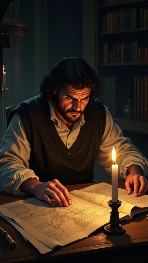 Christopher Columbus studying old maps on a table illuminated by a candle,  with expressions of determination , in a visual narrative art style .