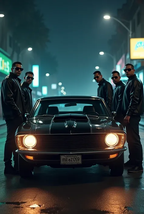 " Five dangerous gangsters at night ,  standing around a dark ,  shiny car ,  that is illuminated by weak street light .  The car has distinctive features ,  including a chrome-plated ,  threatening design .  It has the license plate milez069 .  The gangst...