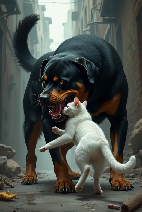 Rottweiler fails to bite the white mother cat because she dodges her bite 