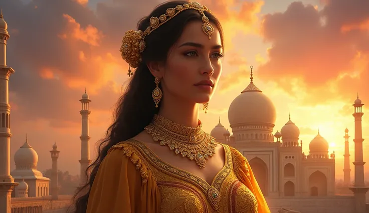 (This is an image featuring a regal woman in golden attire with ornate jewelry and a majestic palace in the background during sunset. Let me know what type of prompt you’d like me to create—story, art description, or something else!