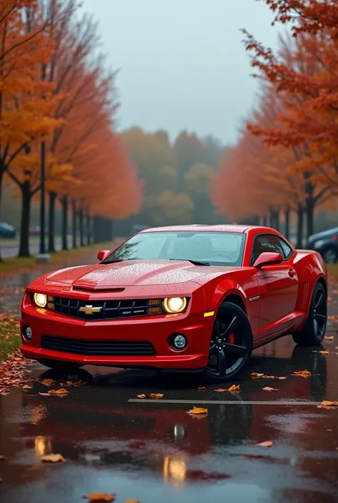 autumn,rain,cloudy,realism, a 2011 red Chevrolet Camaro stands in the parking lot with the headlights on,on the ground, orange tree leaves  