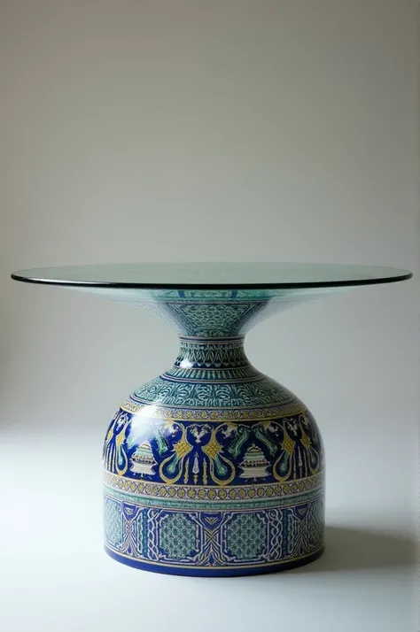 Persian Dome Table

Design a table inspired by the intricate domes of Persian architecture. The base of the table is a beautifully sculpted dome, featuring detailed tile-like patterns in vibrant blues, whites, and golds, reminiscent of famous Iranian mosqu...