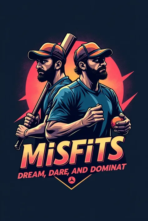 A cricket sport logo named "Misfits" . Logo should represent the misfitting players looking front . .slogan " Dream.Dare.Dominate" looking like a softball team logo.gradient background . Only wearing caps.cricket  Bat and soft cricket ball holding. Looking...