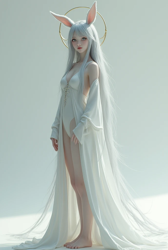 pale woman, long silver hair that reaches her feet, oriental eyes, thin, delicate, thin chin and rabbit ears, as well as a moon hoop on her head. Photo realistic image, full body image