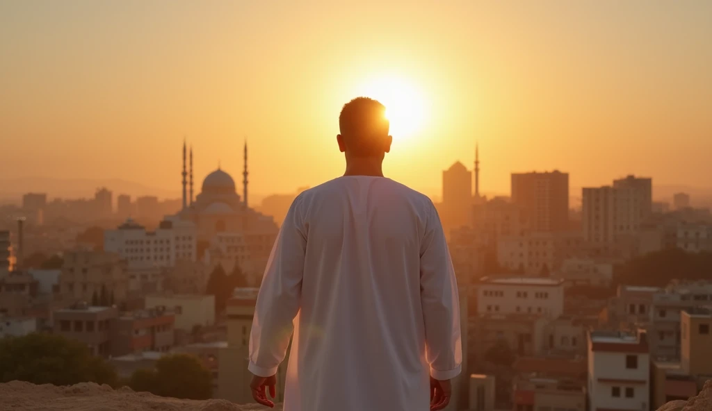 A visionary figure standing confidently in front of a Syrian landscape, symbolizing hope and leadership. The person is dressed in a modern yet traditional style, blending Middle Eastern cultural attire with contemporary elements. Behind them is a backgroun...