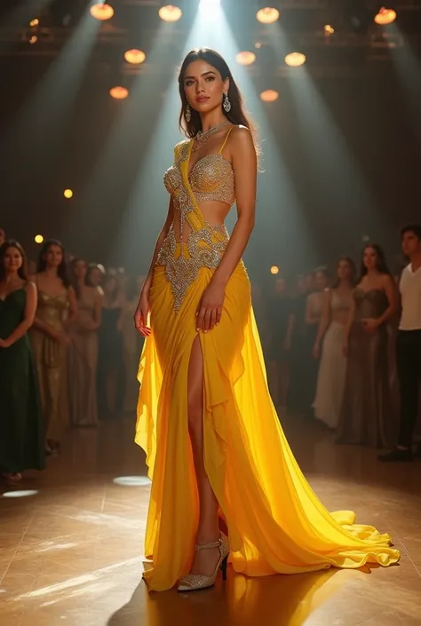 A 0d lady art model wearing yellow emblished diamond saree with high heels with miss universe sashee at stage with crown