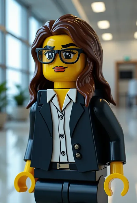 Create an image of a woman in Lego, executive,  long dark brown hair, brown eyes and vision lenses 