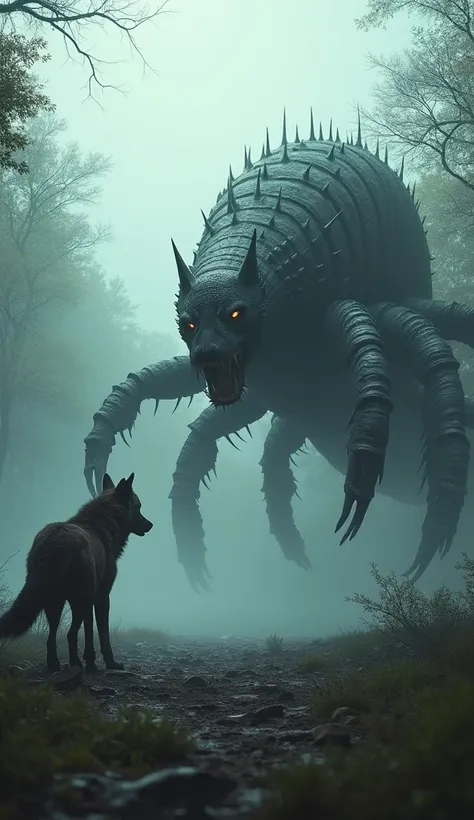 "Under a pale, eerie sky in a dense forest clearing, a fierce wolf stands on one side, growling, its sharp eyes glaring at a massive centipede. The centipede, with its many legs and shiny segmented body, rises slightly, facing the wolf with an intimidating...