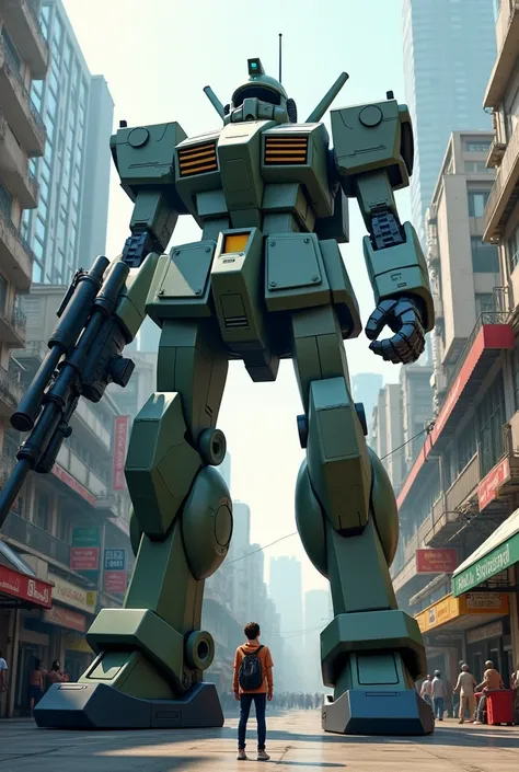 18 m military mech be similar to zaku standing hold rifle in thai city , one person looking to the mech, hyper realistic