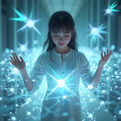 A girl merges magic with technology, commanding glowing drones that follow her movements and create dazzling geometric patterns.