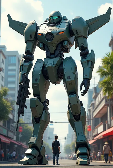 18 m military mech with jet pack and wing standing hold rifle in thai city , one person looking to the mech, hyper realistic