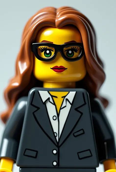 Create an image of a woman in the form of Legos, executive, long, light brown hair, green eyes and vision lenses