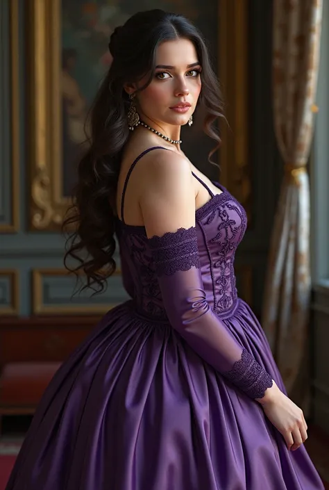 A very beautiful and very attractive thirty-two-year-old woman with white skin, big and wide black eyes, long hazel hair, a curvy body and full breasts wearing a long purple dress from the Victorian era 