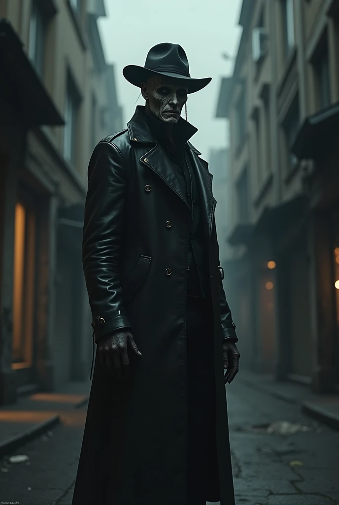  An unnaturally tall man in a black leather coat , in a hat, standing in a dark city alley .  His face looks like a mask and seems to hang slightly from his skull