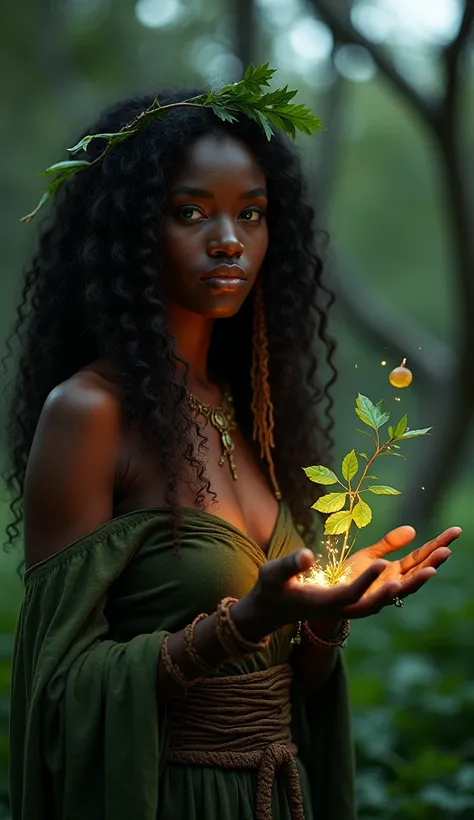  Afro-Brazilian Druid in a natural nocturnal environment , black skin,  long curly hair ,  wearing organic costume with details in brown leather and green fabric ,  inspired by branch shapes . Soft moon lighting ,  creating mystical atmosphere .  Elements ...