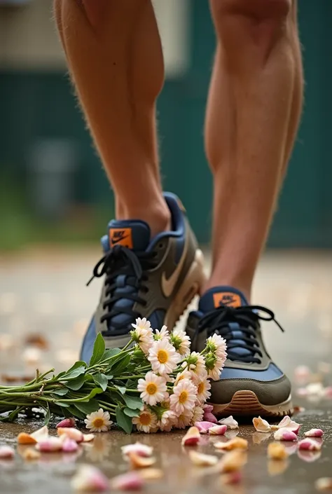 Un jeune homme sportif en air max 90 boueuses écrases un bouquet de fleurs violemment. The flowers are scattered under his feet 