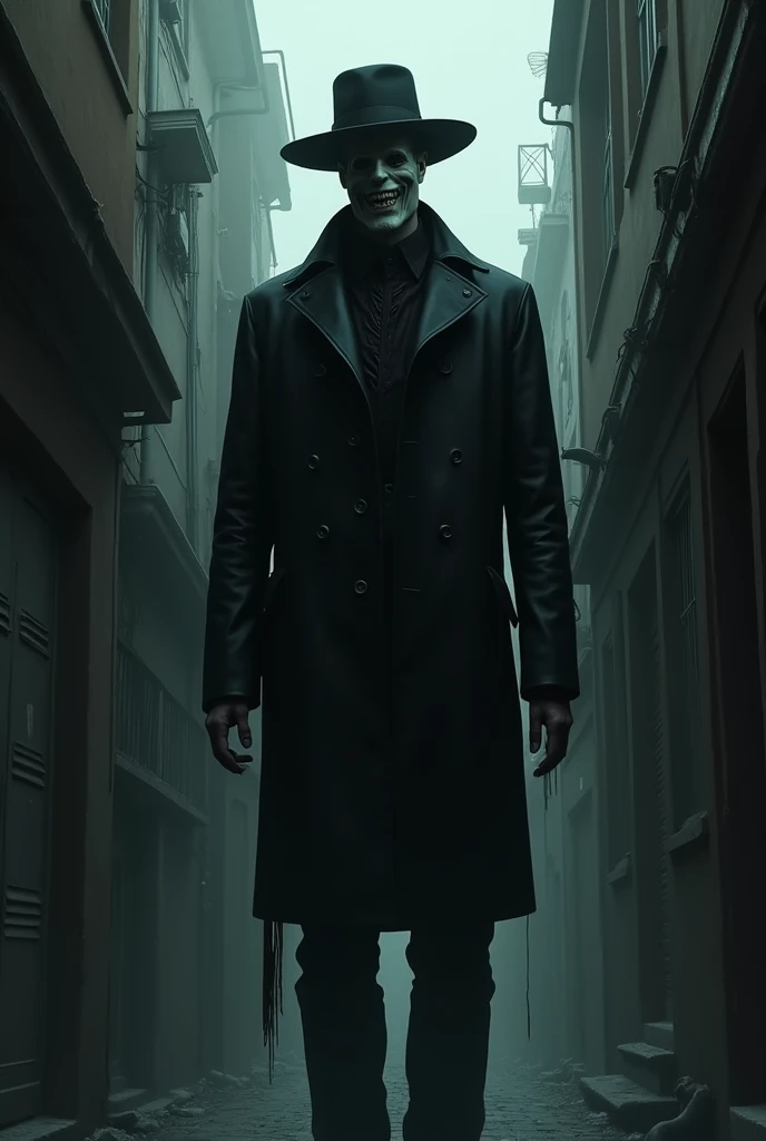  An unnaturally tall man in a black leather coat , in a hat, standing in a dark city alley . His face looks like a mask and seems to hang slightly from his skull with a frozen smile