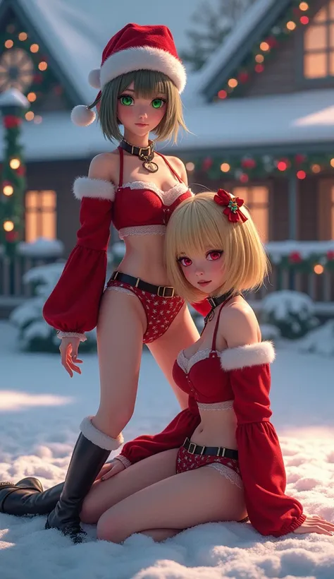  Young women with short blond hair , one with red eyes ,  cut Bob with a black fringe ,  in a short and tight Christmas outfit,  sitting on the floor,  the other green-eyed ,  a fringe covering his right eye ,  with a tight Christmas outfit , standing,  wi...