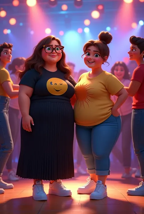 Affiche pixar de deux meilleures amies.  The first is fat ,  has long brown hair , les yeux verts,  She wears tortoise glasses, elle porte un t-shirt noir avec une lune, et une jupe longue plissée noire, et air force one.
The second is round,  with light b...