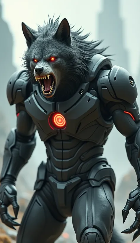 high quality,4k,8k,masterpiece:1.2,ultra-detailed,Photorealistic physics-based,beautiful detailed eyes and face, werewolf in Marvels red iron man costume, dynamic pose, angry, fangs, full body shot, 