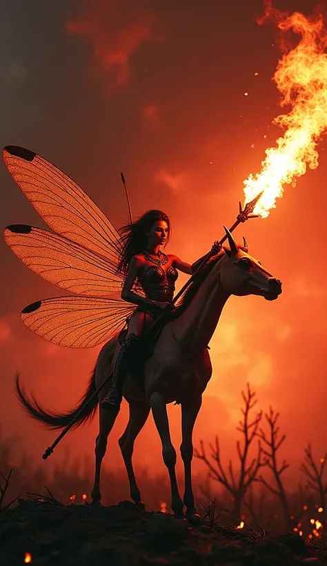 Macro photograph of a fairy warrior in iridescent armor, gripping a fiery enchanted spear. Perched on a glowing dragonfly under a blood-red sky, the battlefield below is scattered with glowing embers and broken branches. Ominous storm clouds swirl on the h...