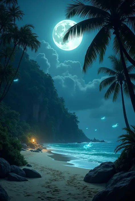 Under the moonlight, the dense jungle casts dark shadows on the golden sand, while the sea glows faintly with bioluminescent light. What creatures stir in this untouched paradise?"
