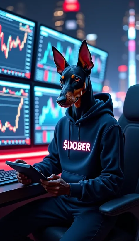 hyperrealistic image of a Doberman with a human body, sitting in a high-tech trading room filled with glowing monitors displaying $DOBER charts, graphs, and live trades. He’s wearing a sleek hoodie with the $DOBER logo and holding a futuristic tablet. The ...