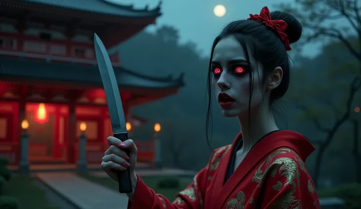  High image quality ,8k,  lets create a horror scene Kuchishake-onna with a knife in her hand,  her pale skin and red eyes  , her mouth extends almost to the ears ,  dressed in a traditional luxury kimono in the color red  , in the background she is in a J...