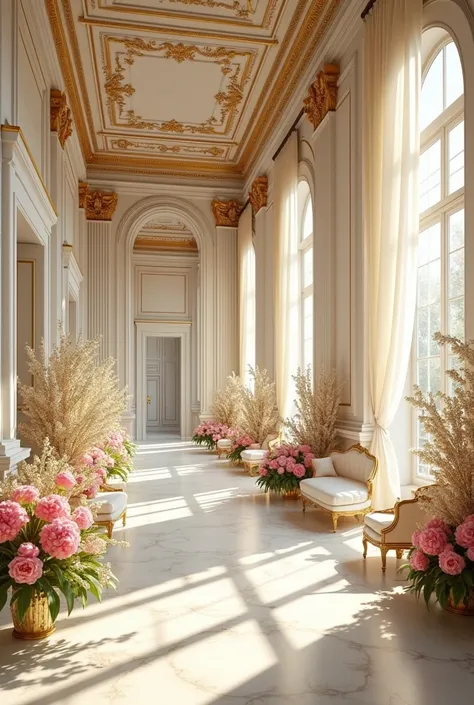  The interior of a beautiful castle with beautiful gold and white furniture, flowers and beautiful spaces 