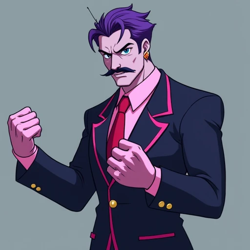 full view from haltmann, purple hair, purple mustache, arms, wearing a dark blue suit with pink vertical lining, pink shirt, red tie, black shoes, gold suit button with a red diamond, pale purple gloves, pink cuffs, pale purple skin, blue eyes, golden earp...