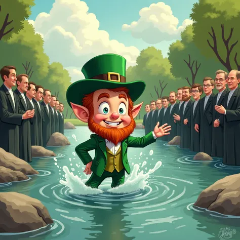 A leprechaun interrupts a Mormon baptism.