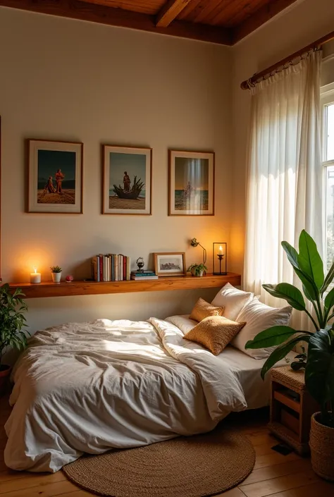 A 10 by 10 bedroom. A bedding placed on floor. But no bed. The bedside corner in decorated with small indoor plants, lights, candles and books. There are some movie posters on wall. Also a long wooden shelf of highest 6 inches in height. Itll hold many can...